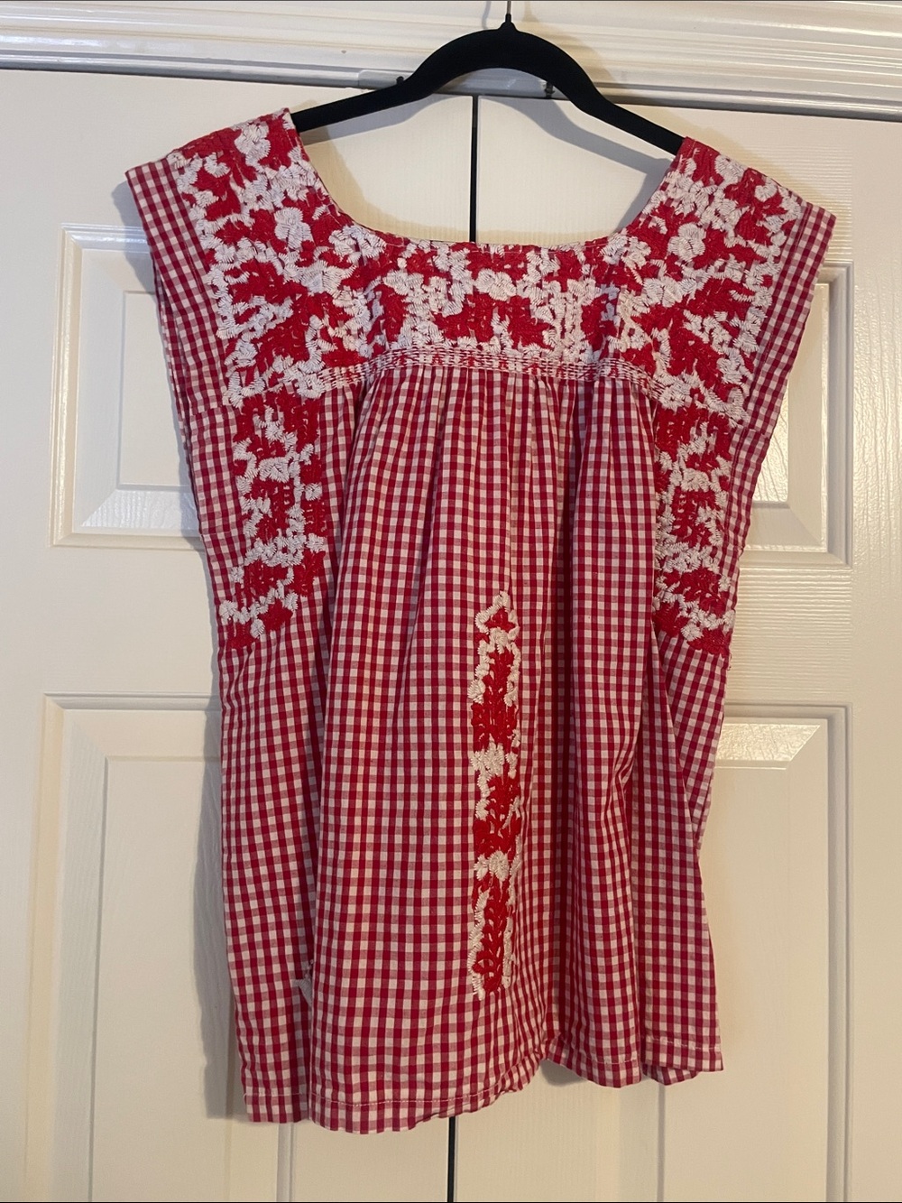 Red Gingham Embroidered Tunic Top by